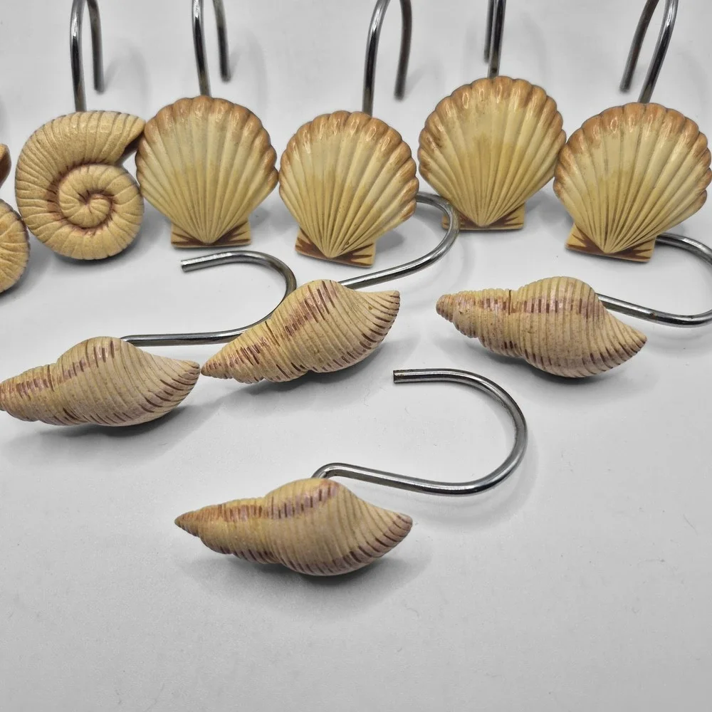 Sea Shells Shower Curtain Hooks Set of 12 Ocean Beach House Cream Beige Tan